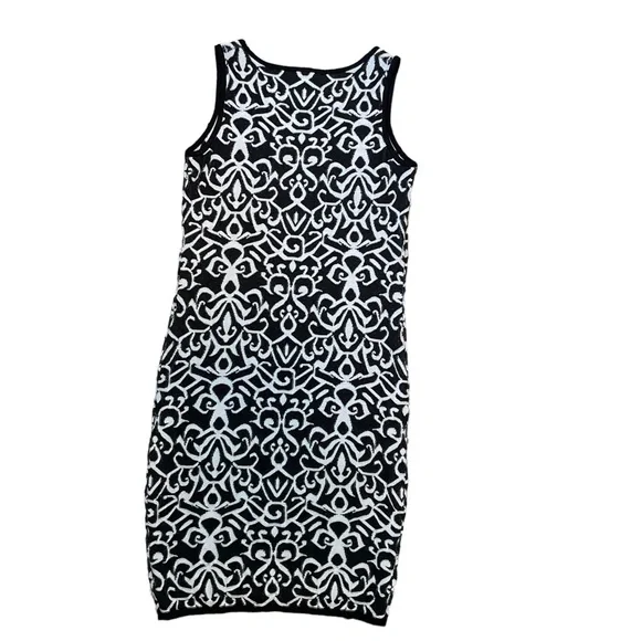 Carmen Marc Valvo Knit Dress Black + Ivory Body-con Jacquard/Damask Prin… - Picture 5 of 13
